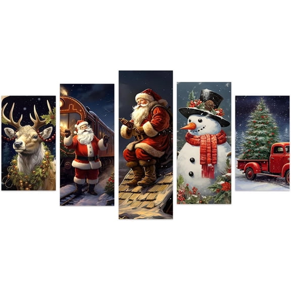 ZHONGYUTONG Santa Claus Wall Art 5 Piece Christmas Tree Deer Picture Snowman Canvas Prints Christmas Wall Decor for Home Living Room Bedroom Frame (8x14inx2 8x18inx2 8x22inx1)