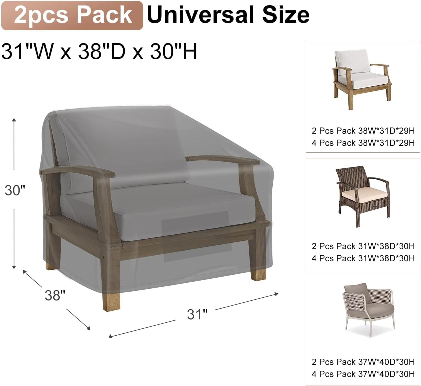 Patio Chair Covers Waterproof, Lounge Deep Seat Cover, Heavy Duty Outdoor Lawn Patio Furniture Covers (31" W x 38" D x 30" H - 2 Pack)