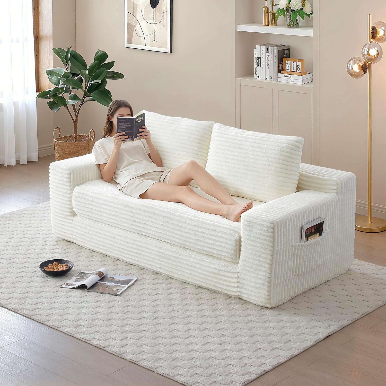 73" 2-in-1 Convertible Sofa Bed, Memory Foam Corduroy Loveseat, No Assembly, Beige