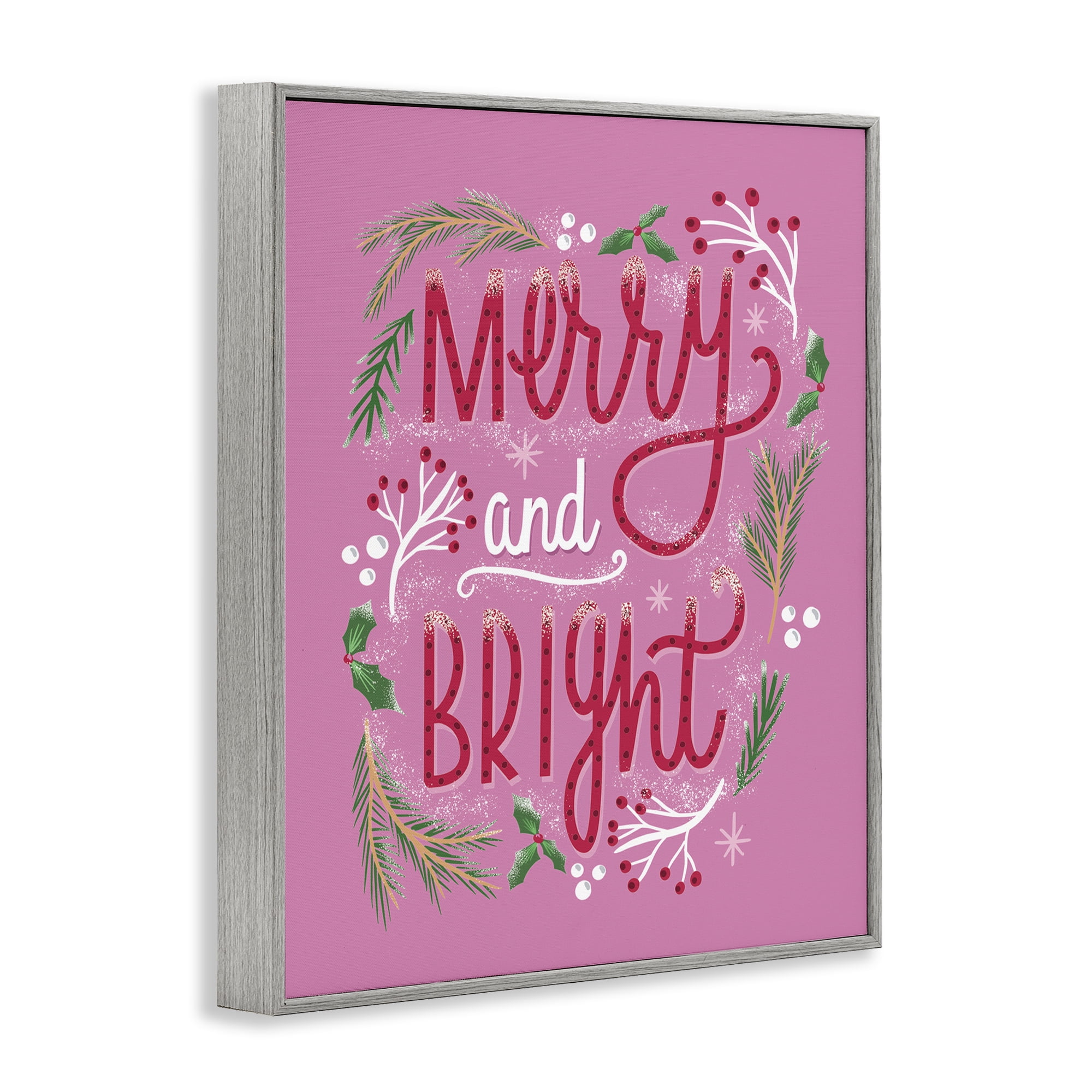 Stupell Industries Merry and Bright Pink Pine Holiday Painting Gray Framed Art Prints Wall Art, 24 x 30