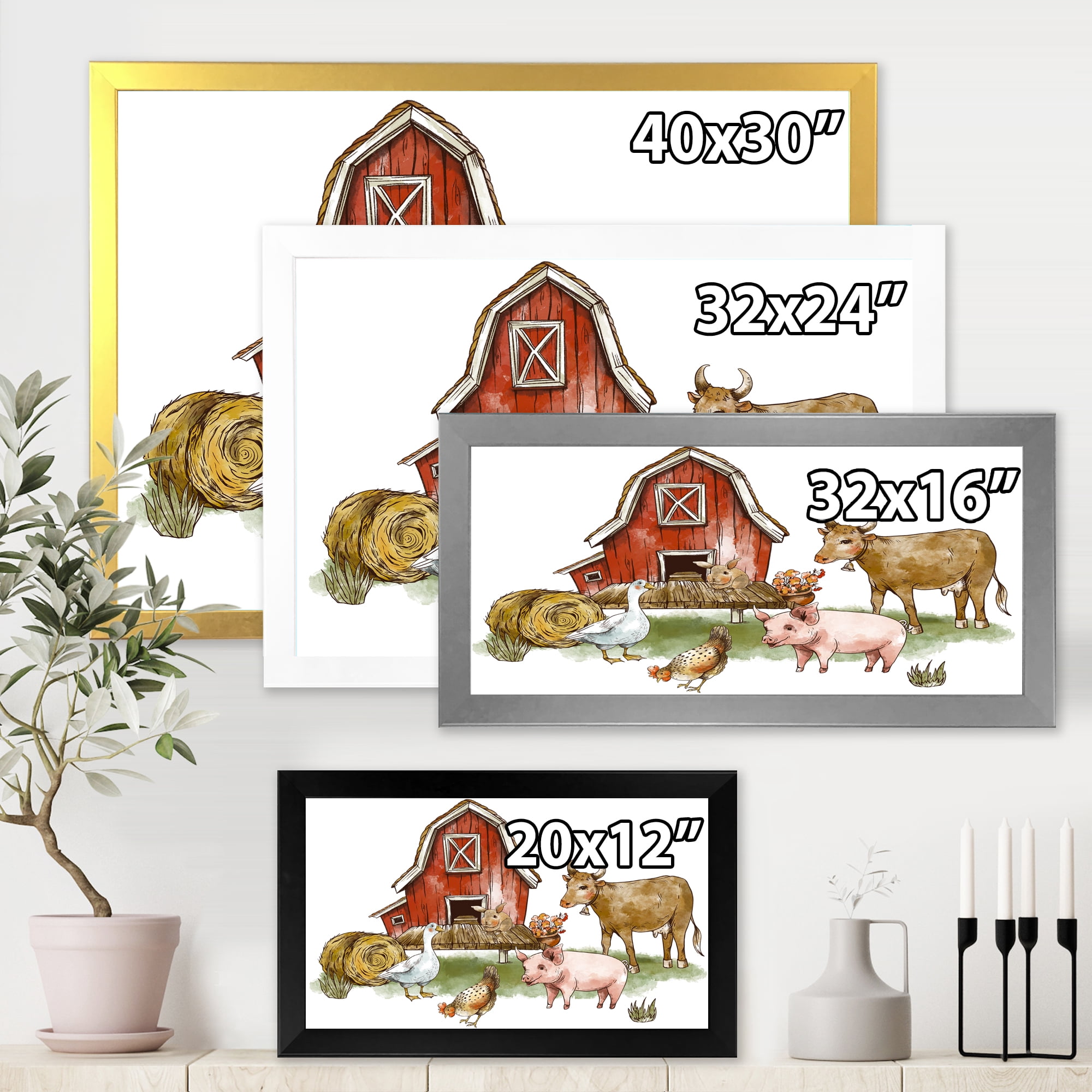 Designart 'Farm House With Goose Cow Pig Chicken and Haystack' Rustic Framed Art Print