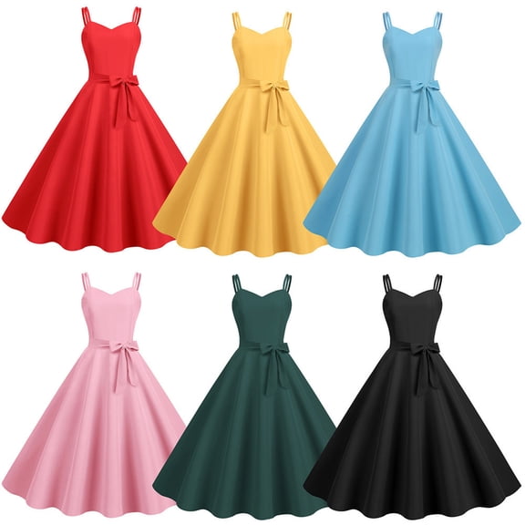 larppty Women's 1950S Vintage Wedding Guest Dress - Spaghetti Straps V-Neck A-Line Midi Cocktail Tea Party Dress（Sky Blue，L）