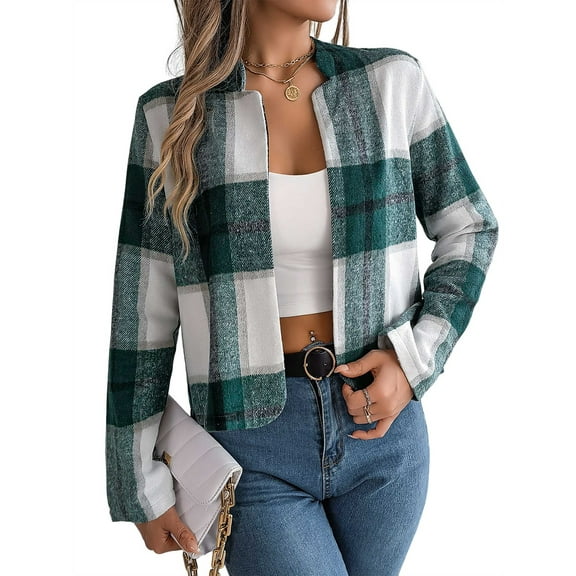 Women'S Cropped Plaid Shacket Jacket Button Down Long Sleeve Shirts Tops Green XL