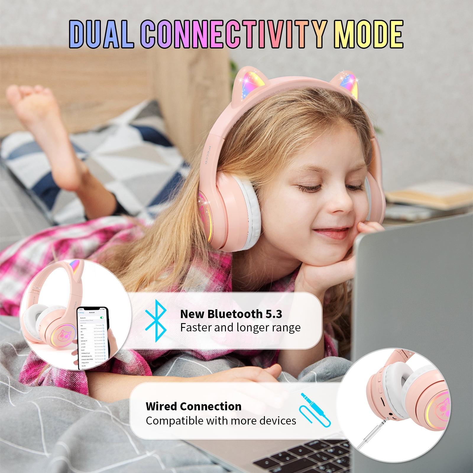 IFECCO Kids Bluetooth Headphones,Wireless Headphones for Kids,Volume Limited,30 Hours Playtime,Over-Ear Toddler Headsets with Built-in Mic-Pink