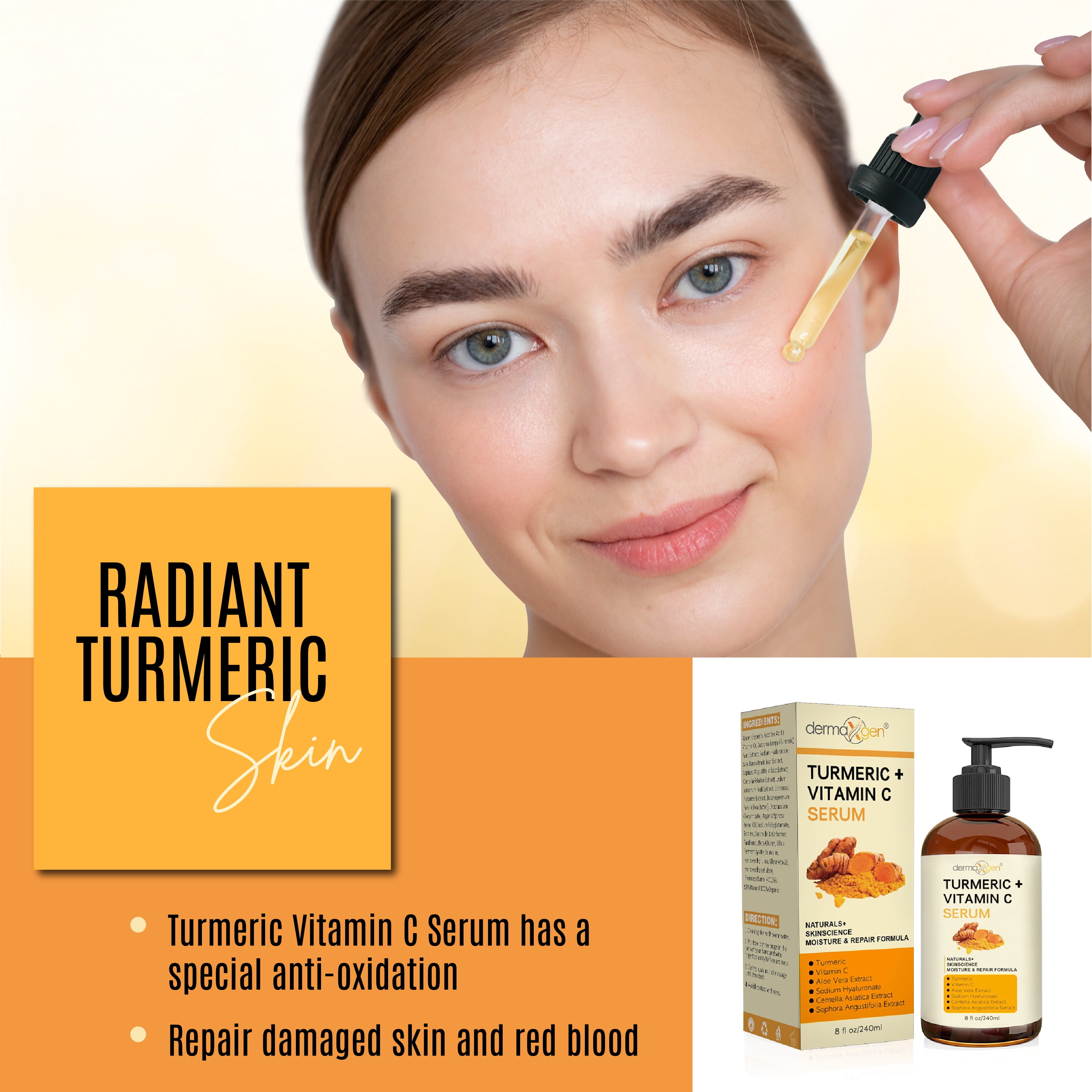 Turmeric and Vitamin C Anti-Aging facial serum, PURE ORGANIC Reduce Wrinkles, Improve Blemishes and Acne, Skin firming and Intensive Moisturizing & hydrating Serum for all skin Types - 8 fl oz.