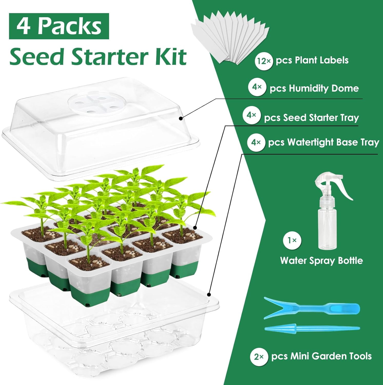 Reusable Seed Starter Tray, Silicone Seed Starter Kit with Adjustable Dome and Lid, Indoor Seed Starting Supplies with Water Spray Bottle, BPA-Free