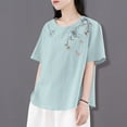 thumbnail image 6 of Tmtolofot Cotton Linen Tops For Women, Cuff Embroidered T-Shirts Female Round Neck Short-Sleeved Clothingloose Comfy Lightweight Shirt Cute Funny Waist Top，1_Green，X-Large, 6 of 6