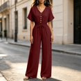 thumbnail image 2 of Women's V Neck Short Sleeve Jumpsuit Cinched Waist Casual One Piece Romper with Long Pants Summer Fashion Outfit Wine S(S), 2 of 6