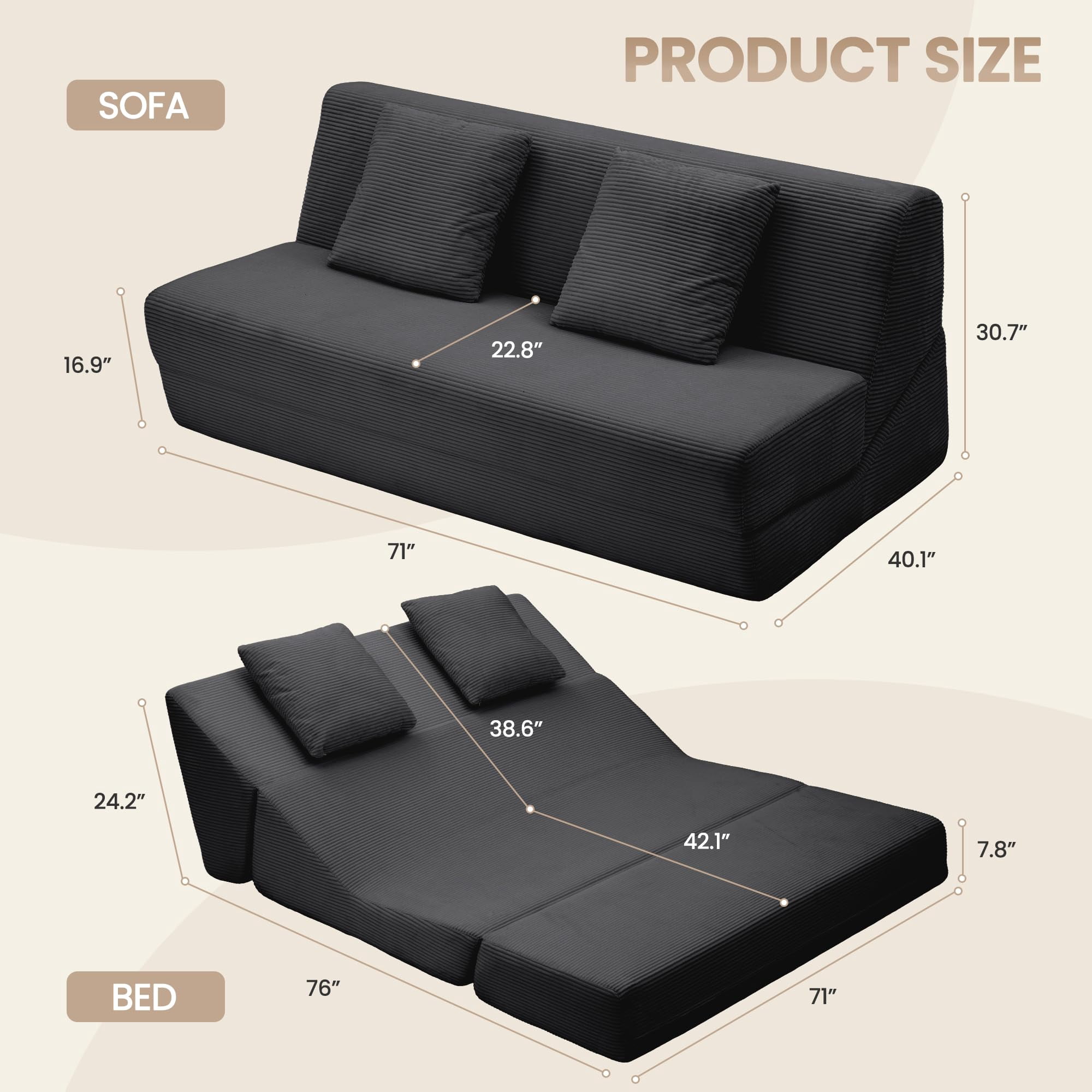 Vorthio Ergonomic Accent Sofa Chair with Wide Seat and Deep Cushion, 105° Reclined Backrest, High Density Foam & S Spring Support, Dual Removable Fabric Covers, Steel Frame Living Room Lounge Chair
