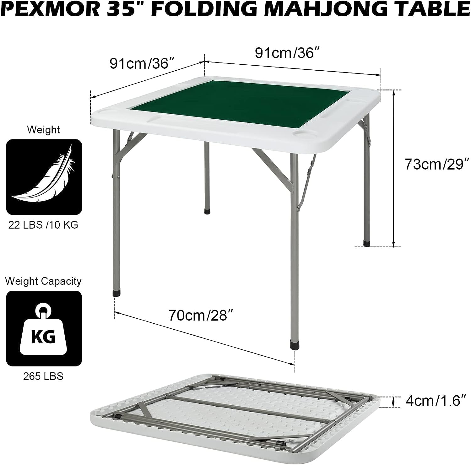 PEXMOR Foldable Multifunctional Square Gaming Table With Cup Holders For Mahjong Poker Game & Dice Game 4 Player, 34"
