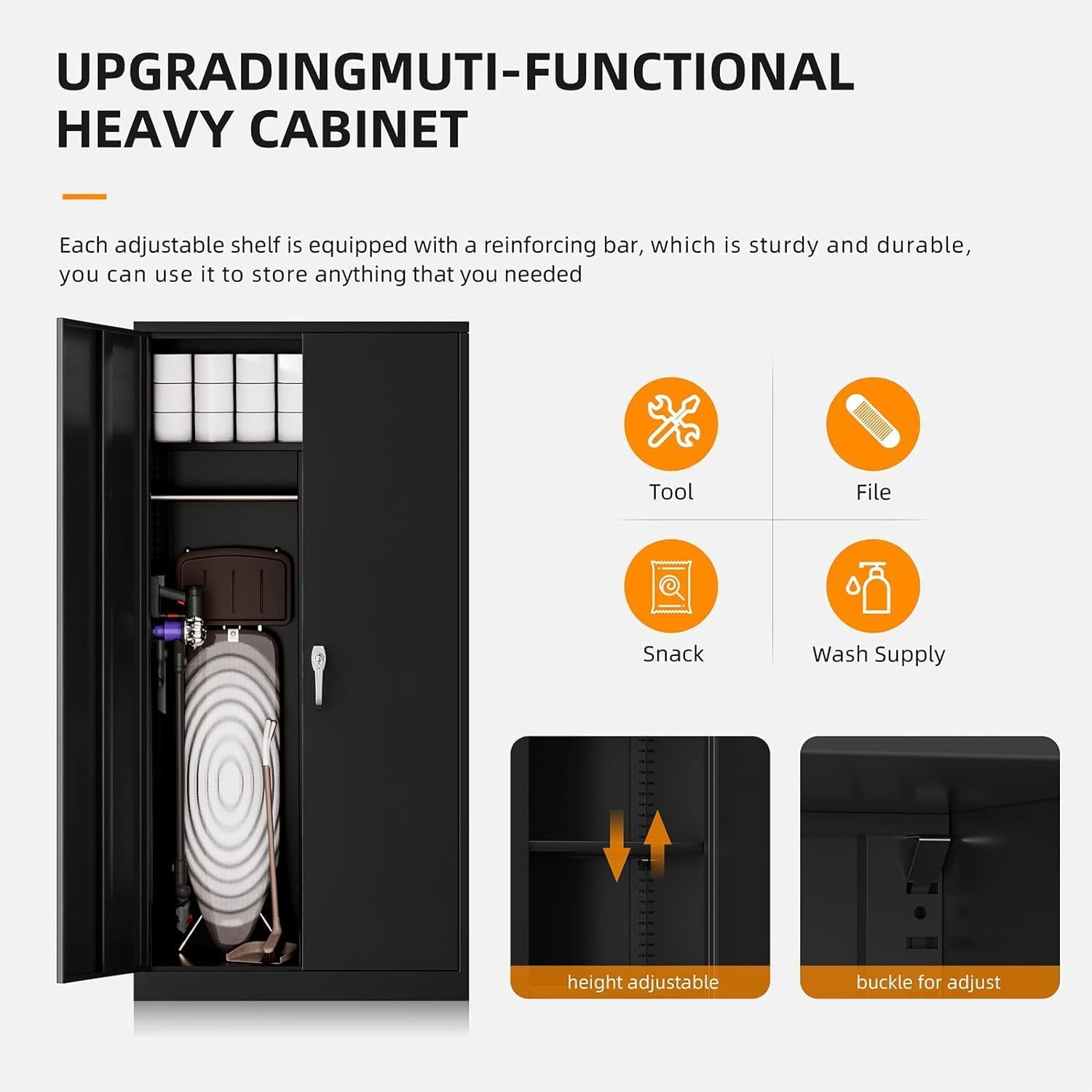 SUNCROWN Metal Wardrobe Closet with Lock, Clothing Locker, 72" H Storage Cabinets for Home Office, School, Employee, Gym, Government, Broom (Black)
