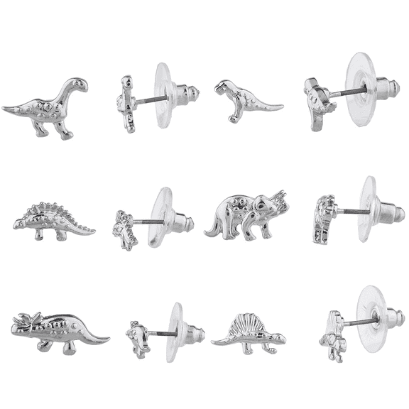 Lux Accessories Silver Tone Dinosaur Jurassic Park T Rex Stud Earring Set 6 prs