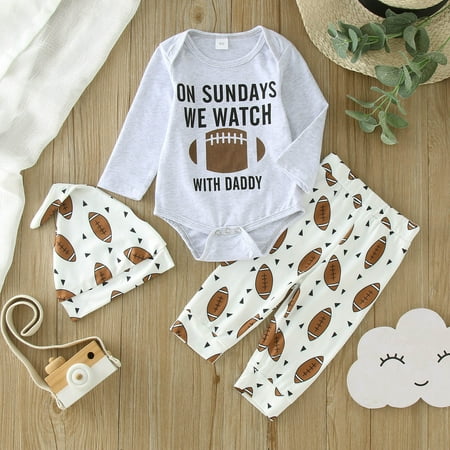 

Toddler Boys Outfit Sets Long Sleeve Letter Romper Bodysuit Cartoon Rugby Football Prints Pants Hat Suit