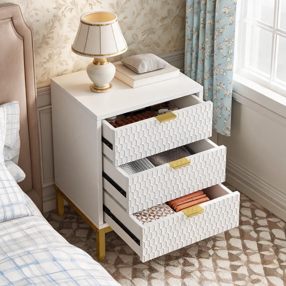 Fnova Modern Nightstand with 3 Drawers, Large End Table with Storage Shelf, Sofa Side Bedside Table for Bedroom, Living Room, White
