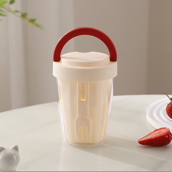 XYRSRUW Leachable Fruit Cup, Portable Snack Container with Fork, Travel Fruit Holder, Leak-proof Salad Storage Box(Beige)