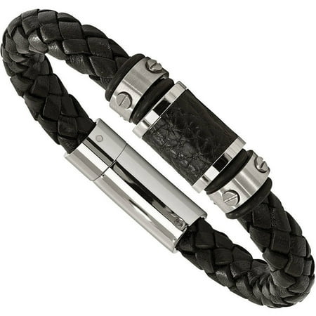 Primal Steel Stainless Steel Brushed/Polished Black Leather/Black Rubber Bracelet