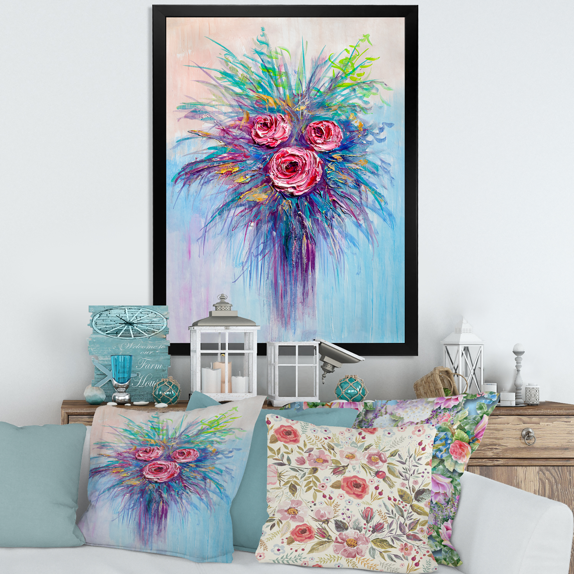 Designart 'Bouquet Of Red Roses In A Vase On Blue' Traditional Framed Art Print