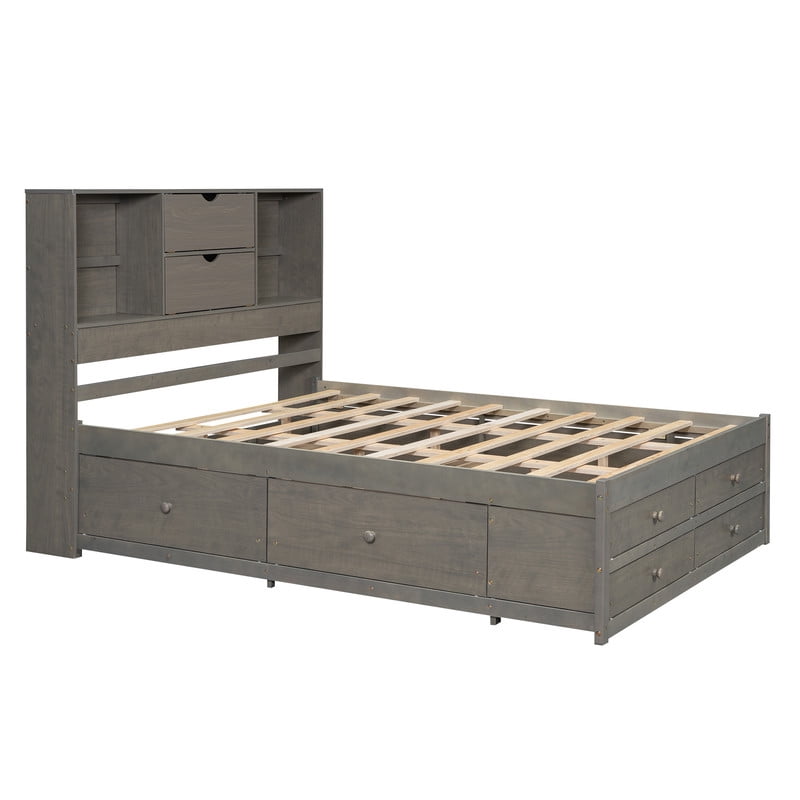 Queen Size Platform Bed with Bookcase Headboard, Storage Wooden Bed Frame with 8 Drawers