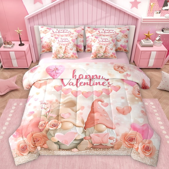 Homewish Romantic Valentine's Day Twin Bedding Sets 7-Piece, Kawaii Couple Gnome Bedding Comforter Set, Pink Rose Flower Reversible Sheet Sets, Breathable Home Decor
