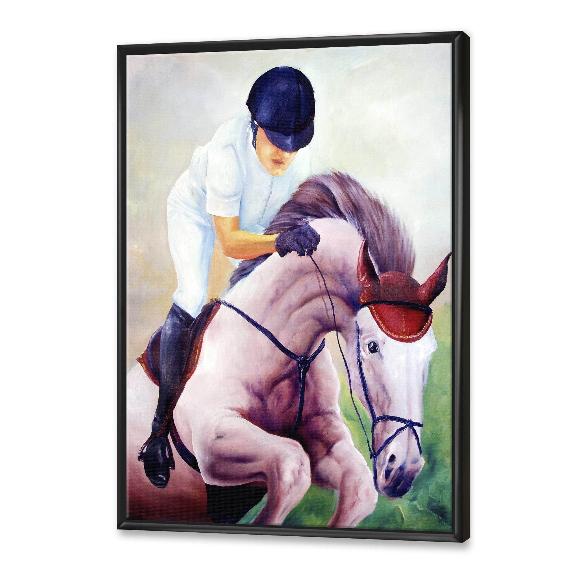 Designart 'Jockey On Galoping Pink Horse' Farmhouse Framed Canvas Wall Art Print