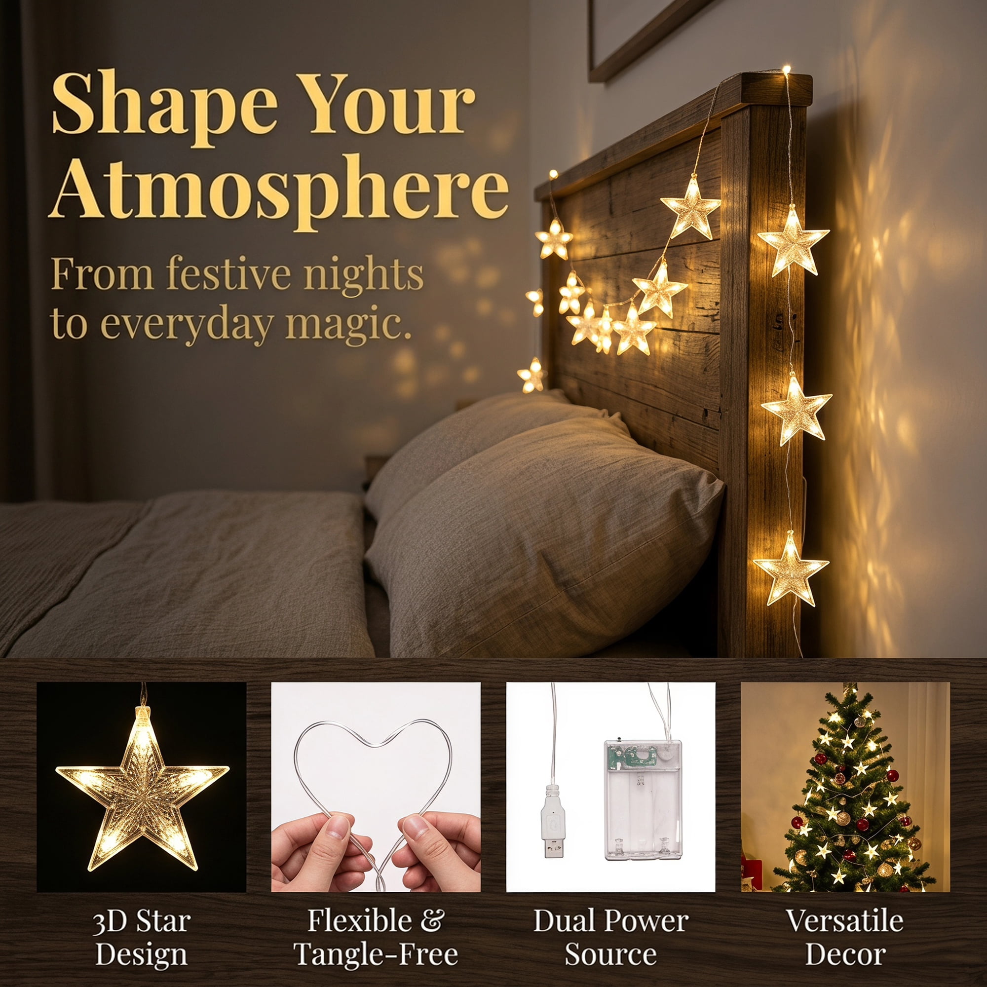 Unique Bargains Star Hanging Starry Night Light 8.2 ft Warm White Battery or USB Powered