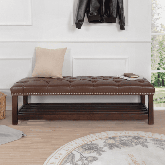 Bedroom End of Bed Bench - Tufted, Nailhead Trim, Shelf, 60", Leather-Like, Brown, KD Assembly (Birch Legs)