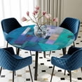 thumbnail image 5 of Elastic Fitted Round Tablecloth, Abstract Blue Waterproof Stretch Table Cover for 45"-54" Tables, Painting Buildings Geometric Color Block Washable Outdoor Tablecloths for Patio, Picnic, Camping, 5 of 9