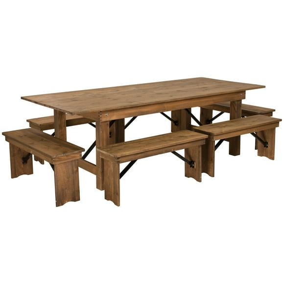 HERCULES Series 8' x 40'' Antique Rustic Folding Farm Table and Six Bench Set