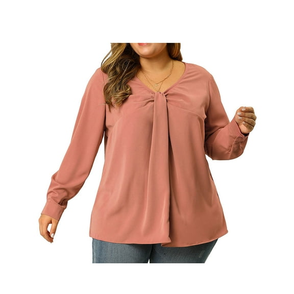 Agnes Orinda Women's Plus Size Relaxed Fit Solid Long Sleeve V Neck Twist Top