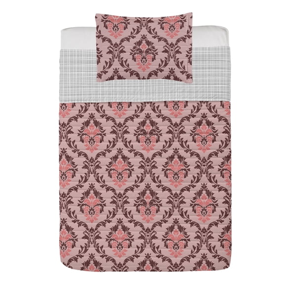 Floral Reversible Bedspread Set, Harmony of Vintage Branches Floral Art Deco Pattern Blossoming Artwork, Pillow Shams & Comforter Microfiber Bedding Set, 3 Sizes, Dried Rose, by Ambesonne