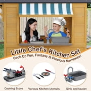 Hommow Outdoor Play House for Kids, Wooden Kids Playhouse with Kitchen Toys, Blackboard,Chalks,Wood Color