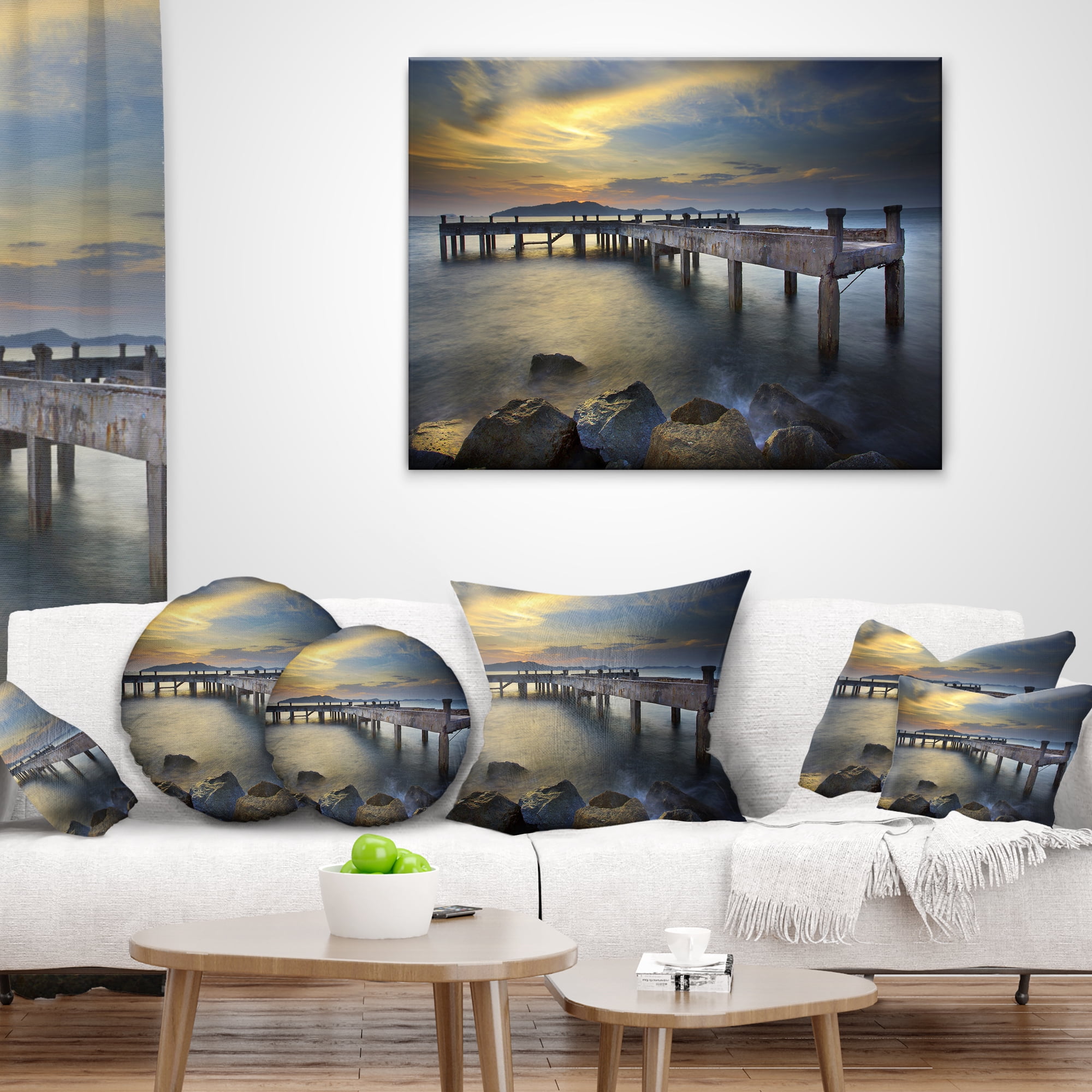 Designart Old Wood Boat Jetty into Blue Sea - Sea Bridge Throw Pillow - 16x16