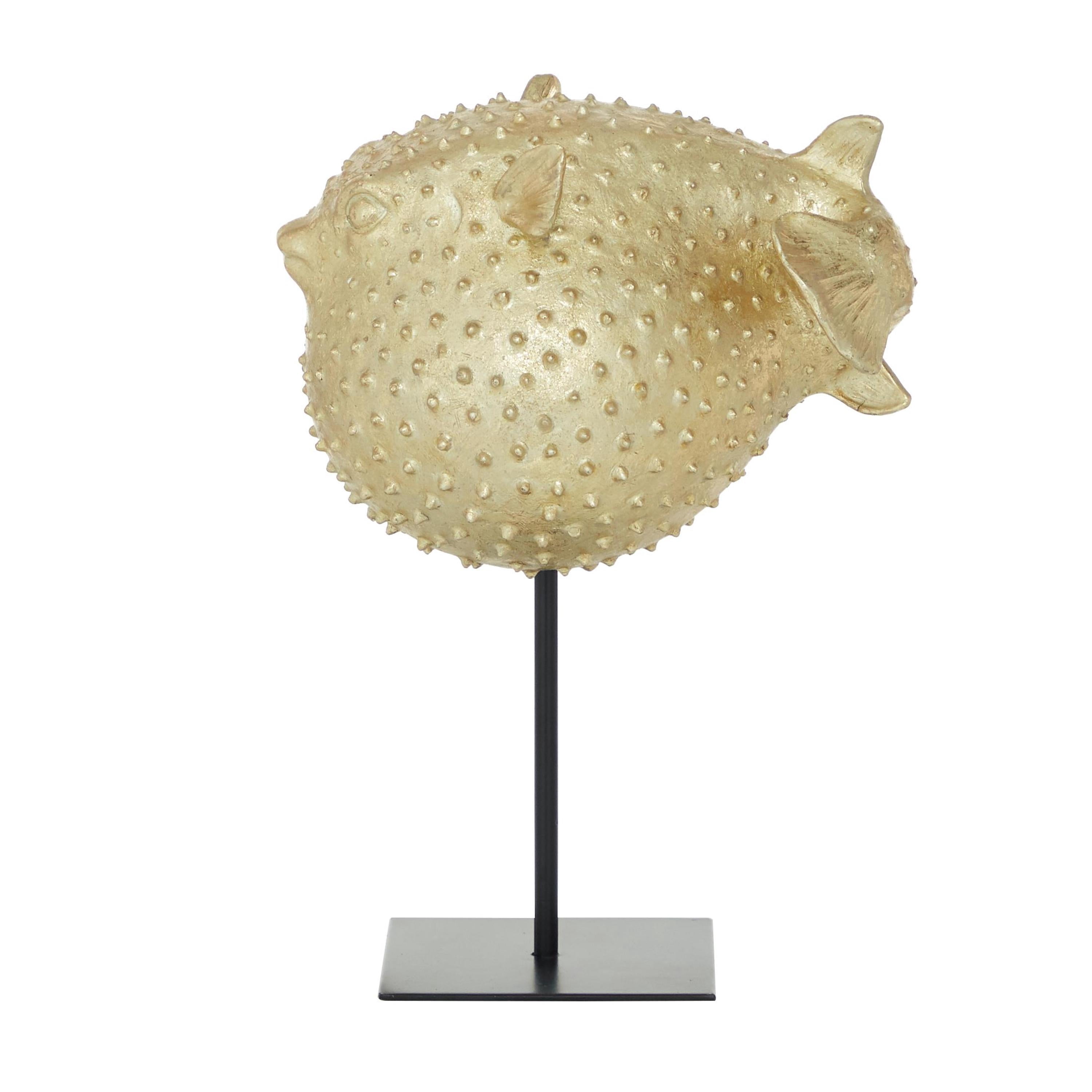 10" x 14" Gold Polyresin Handmade Spiked Blowfish Sculpture with Stand, by DecMode