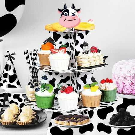 

Fogcroll Dessert Display Stand Cow Print 3-Tier Farm Animal Cupcake Stand Party Supply