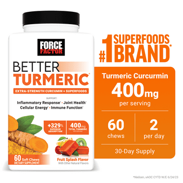 Better Turmeric Chews, Gummies Alternative Supplement with Ginger & Curcumin for Inflammation, 60 Chews, Force Factor