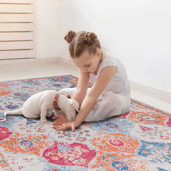 2' x 3' Cream Washable Area Rug Low-Pile Non-Slip Non-Shedding Foldable Chenille Carpet Stain Resistant for Living Room Bedroom Kitchen Dining Room Entryway