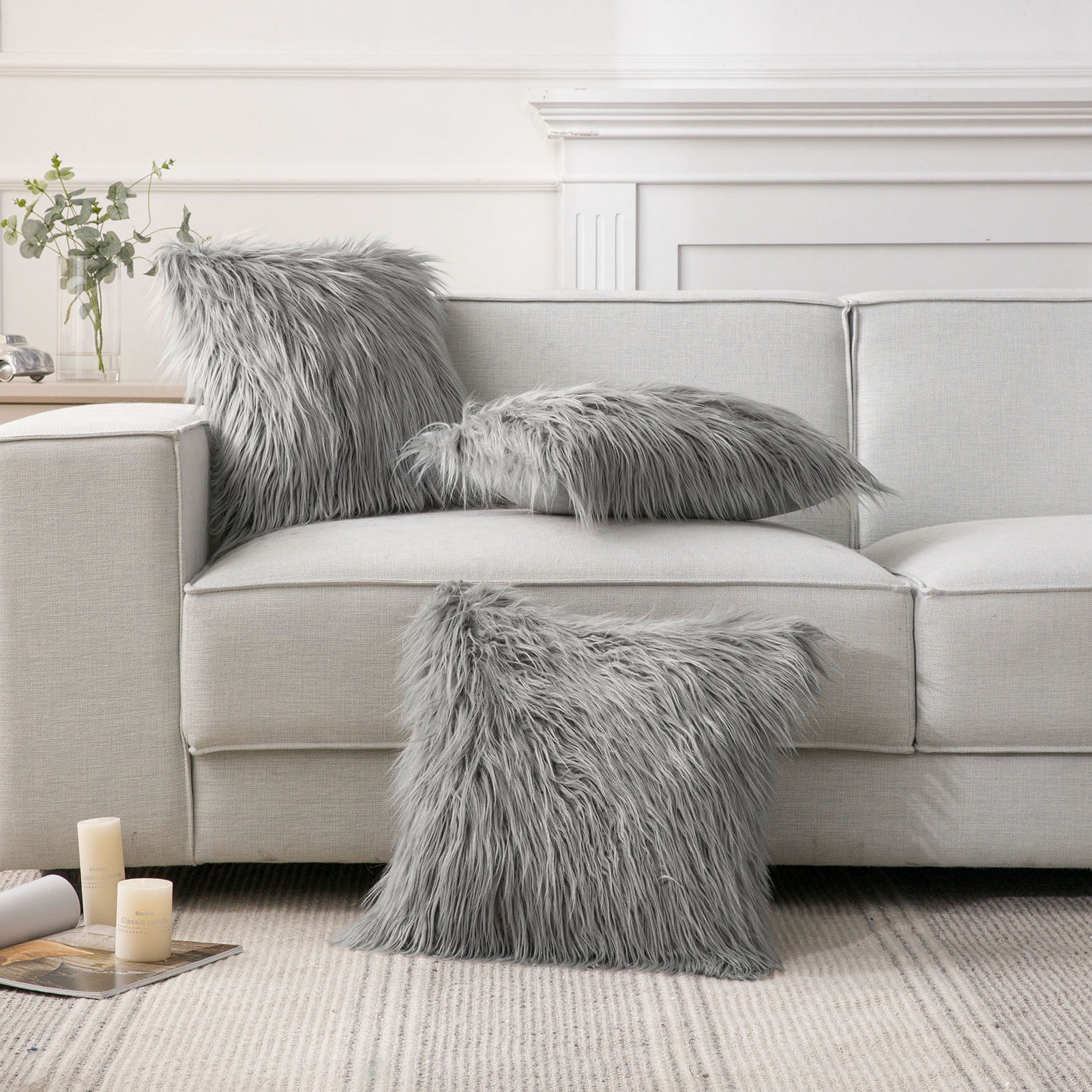 Phantoscope 18" x 18" Faux Fur Decorative Throw Pillow, Plush Cushion with Insert for Couch, Bed, Chair, Dark Gray, 1 Pack