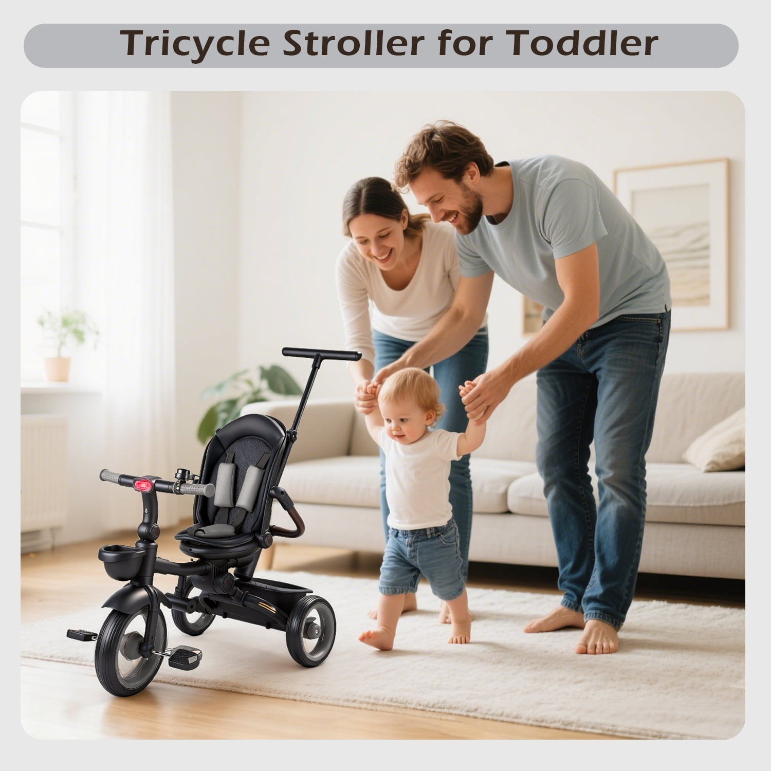 JoyStone 7 in 1 Foldable Tricycle Stroller for Toddler, Baby Tricycle with Adjustable Canopy, Parent Handle, Removable Pedals, Seat Belt and Storage Basket, Kids Bike for Ages 1-6 Boys & Girls, Grey