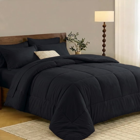 Flymme Black Comforter Set with Sheets ,7 Pieces Bed in a Bag Queen Size,Comfortable Stitch Quilted Comforter Bedding Sets for Man Women Bedroom