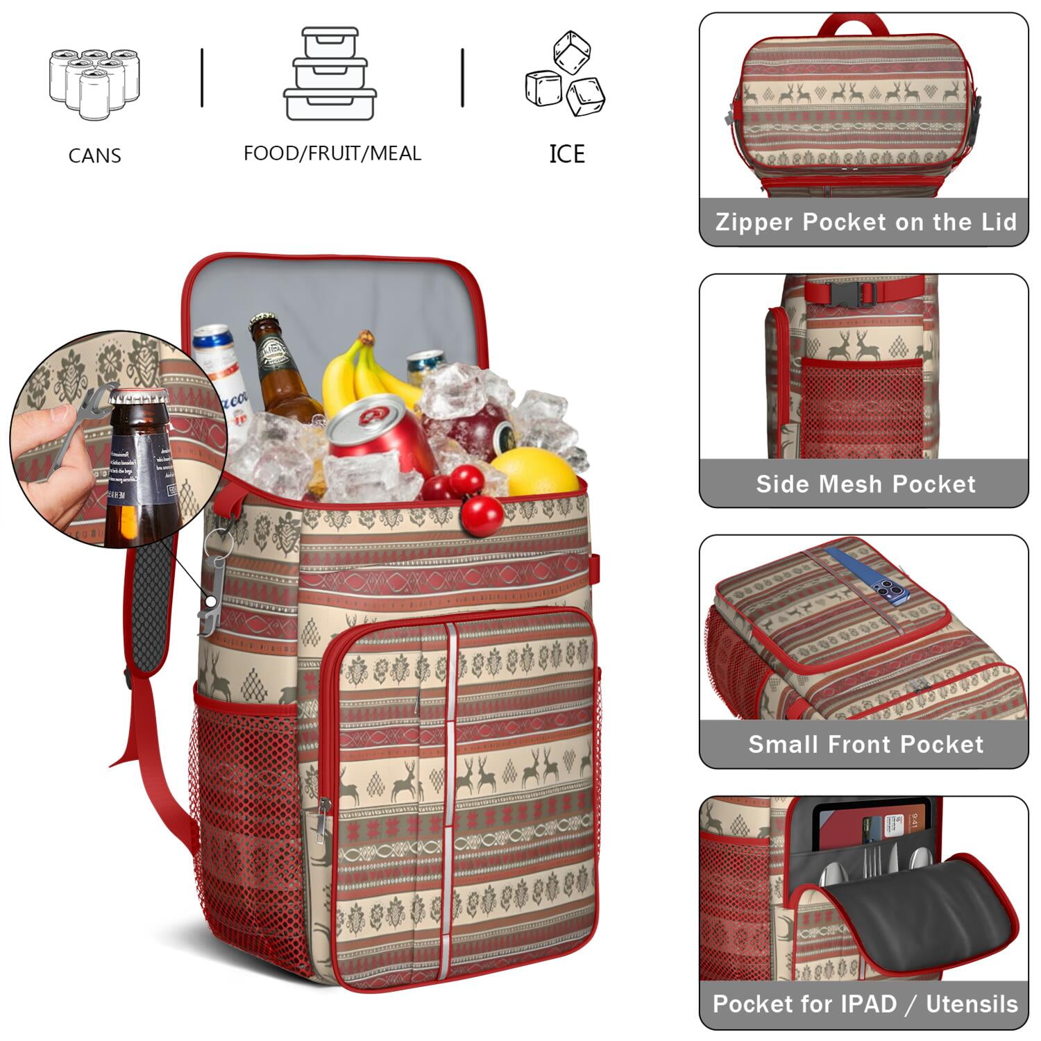 Travel Cooler Bag - Red and Brown Christmas Pattern Camping Beer Cooler Backpack with Bottle Opener- Waterproof Insulated Picnic Backpacks - Cooler Bag for Beach