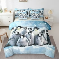 jejeloiu Cute Penguin 7-Piece Bedding Comforter Set,Wild Animal King Bedding Sets,Gray Blue Bed Sheets For Boys Girls,Luxury Bedroom Decor Reversible