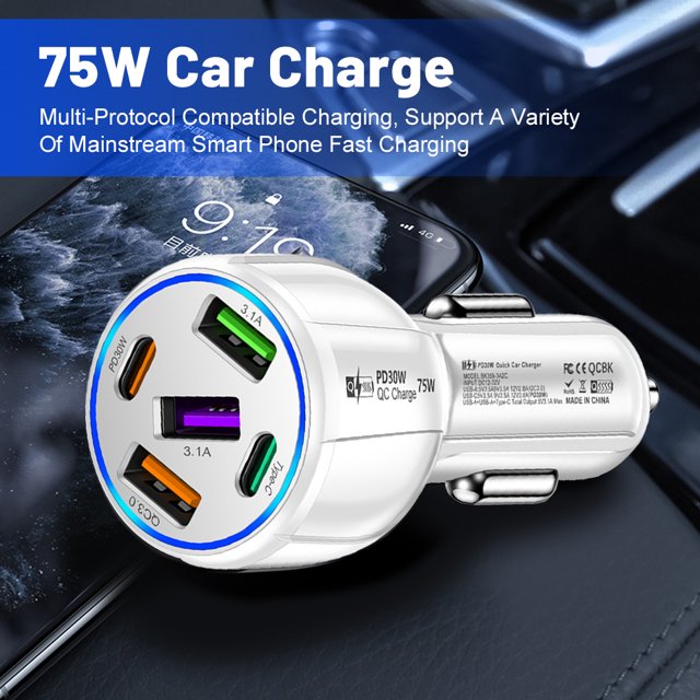 Cargador de coche de 5 puertos 75W USB 3.1A Tipo-C USB QC3.0 PD30W Cargador de teléfono (Blanco) Ndcxsfigh Para estrenar