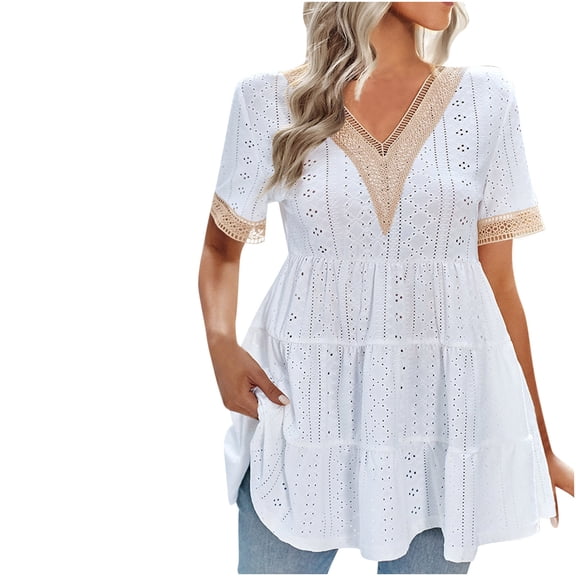 Wycnly Womens Tops Dressy Casual Short Sleeve V-Neck Plain Summer Shirts Elegant Lace Trim Flowy Ruffle Swing Tunic Blouse White S Clearance Clothes