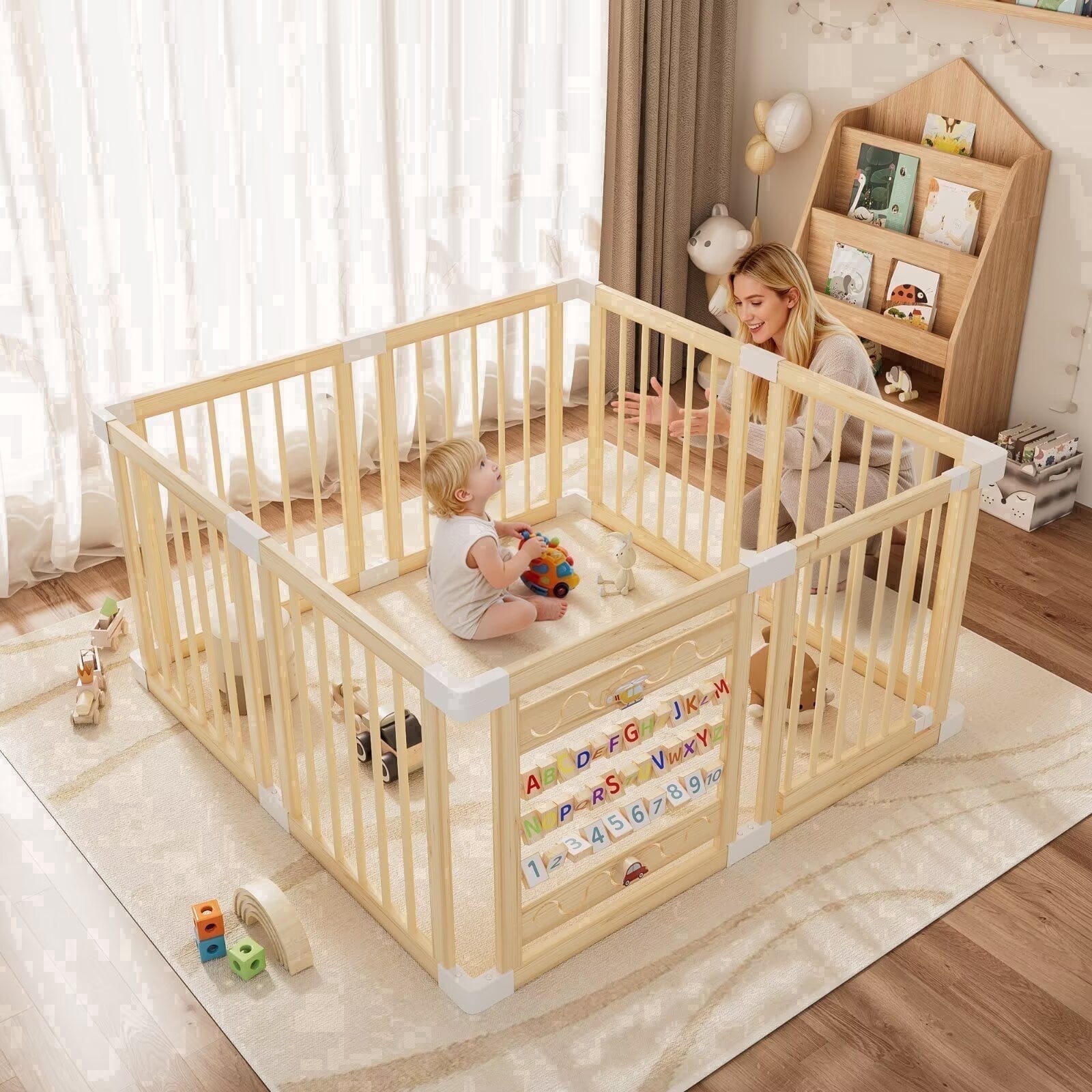 Babyeap Wooden Baby Playpen with Built-in Activity Panel photo 1