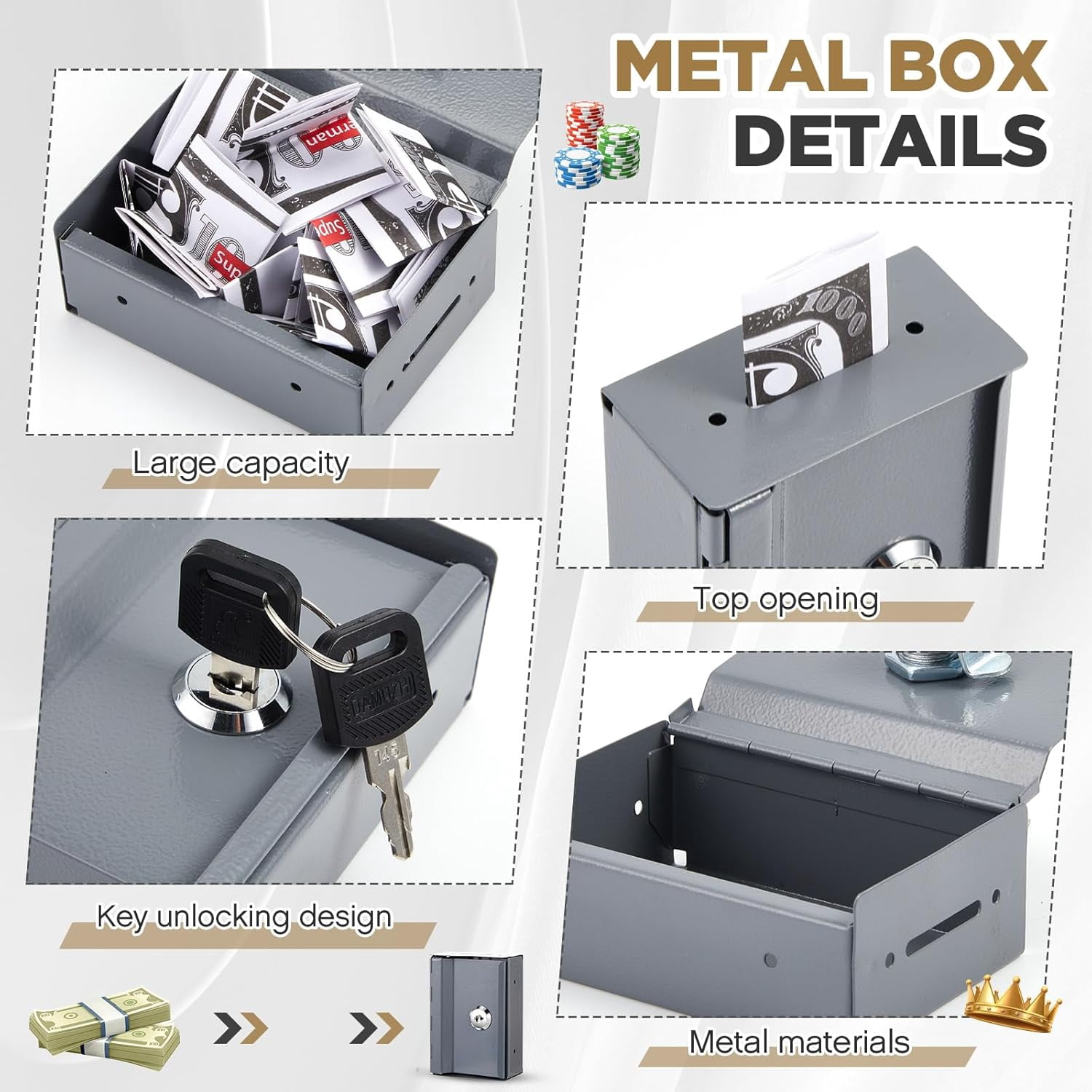 2 Pcs Metal Box with 2 Pcs Carrying Pouch Portable for Friends, Winner's Bank with Key for Casino, Small Lock Cash Box Pocket Sized for Money Safe Cash Wallet Stops Addictive