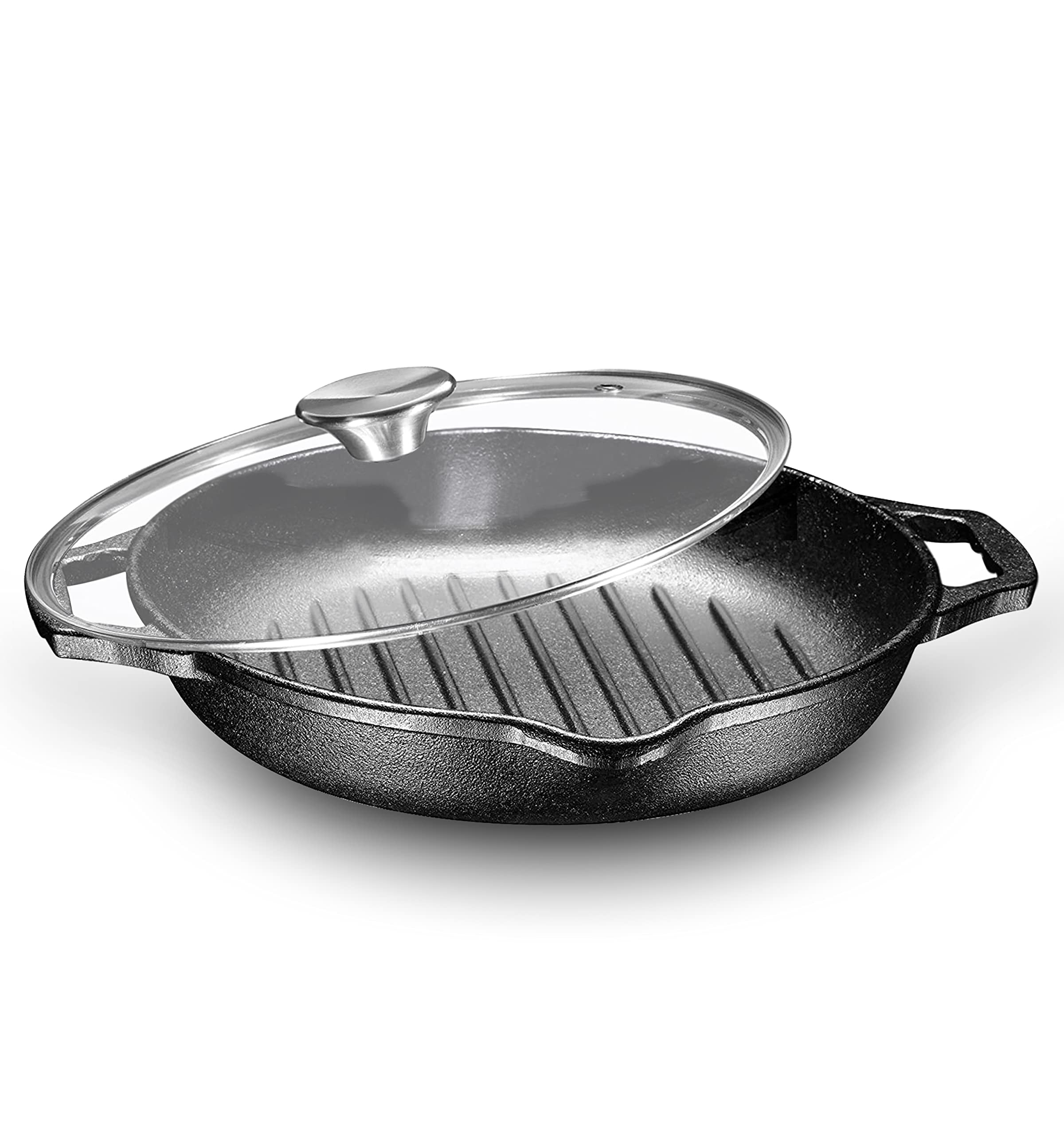 Bruntmor Enameled Cast Iron Skillet with Glass Lid 10 Inch Deep Round Grill Pan and Frying Pan