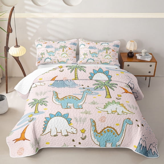 Feelyou Kawaii Dino Twin Quilt Set for Girls, Volcano Palm Wildlife Twin Coverlet Set, Pink, 2 Pieces