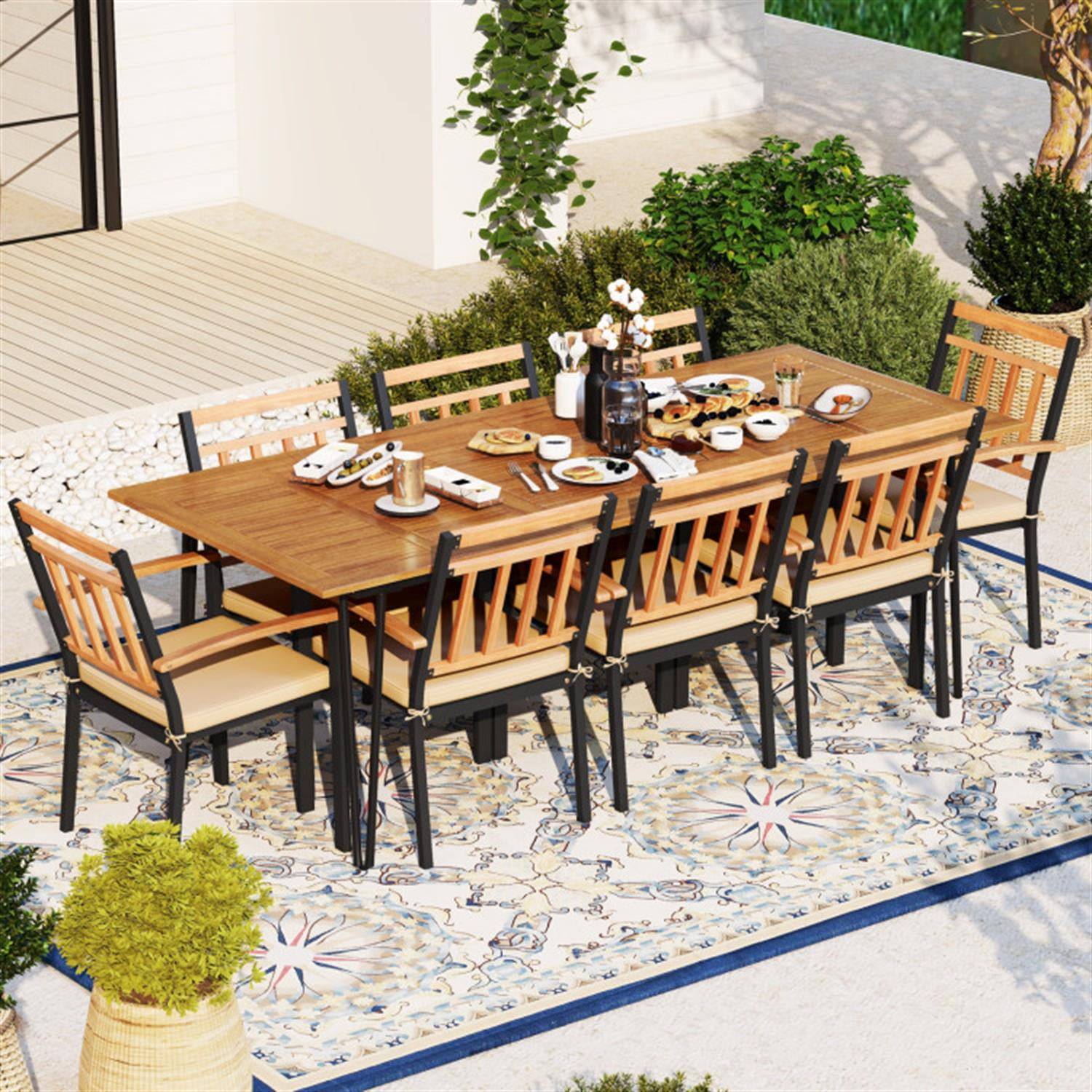Demi Bonn 9 Pieces Outdoor Patio Furniture Set, Acacia Wood Dining Set with 8 Chairs and Umbrella Hole, Conversation Dining for Garden Poolside Balcony, Beige-B
