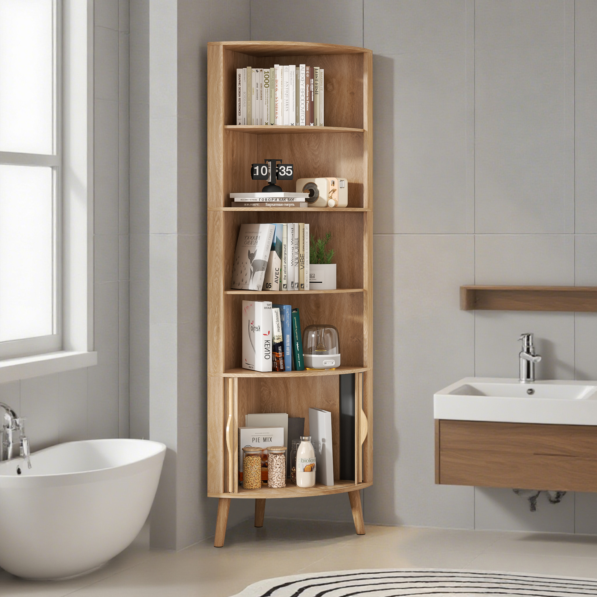 Bathroom Tall Corner Cabinet with Doors, Freestanding Corner Storage Cabinet for Kitchen, Living Room, Walnut
