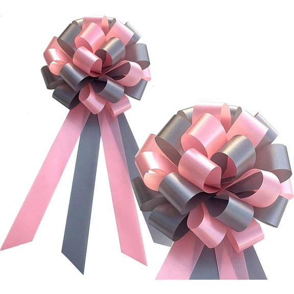 Pink and Silver Pull Bows - 8" Wide, Set of 6, Valentine's Day, Wedding Pew Bows, Aisle Decoration. Reception, Anniversary